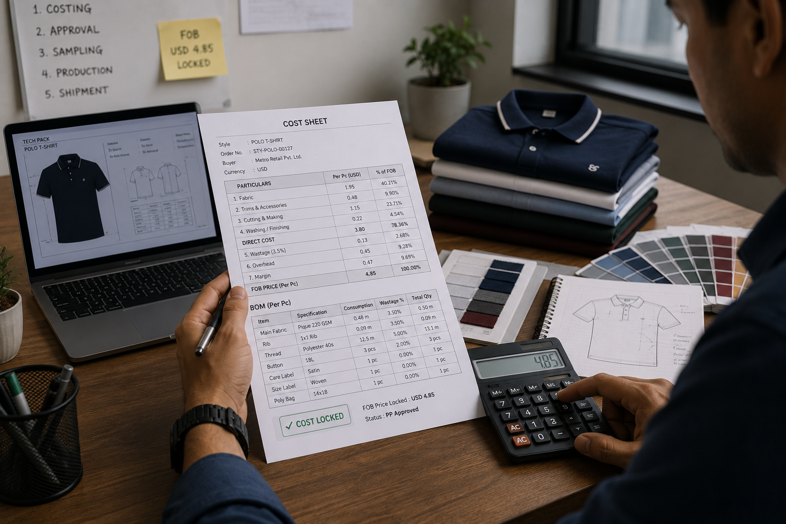Cost sheet with CM, fabric, wastage, overhead, margin and locked FOB price
