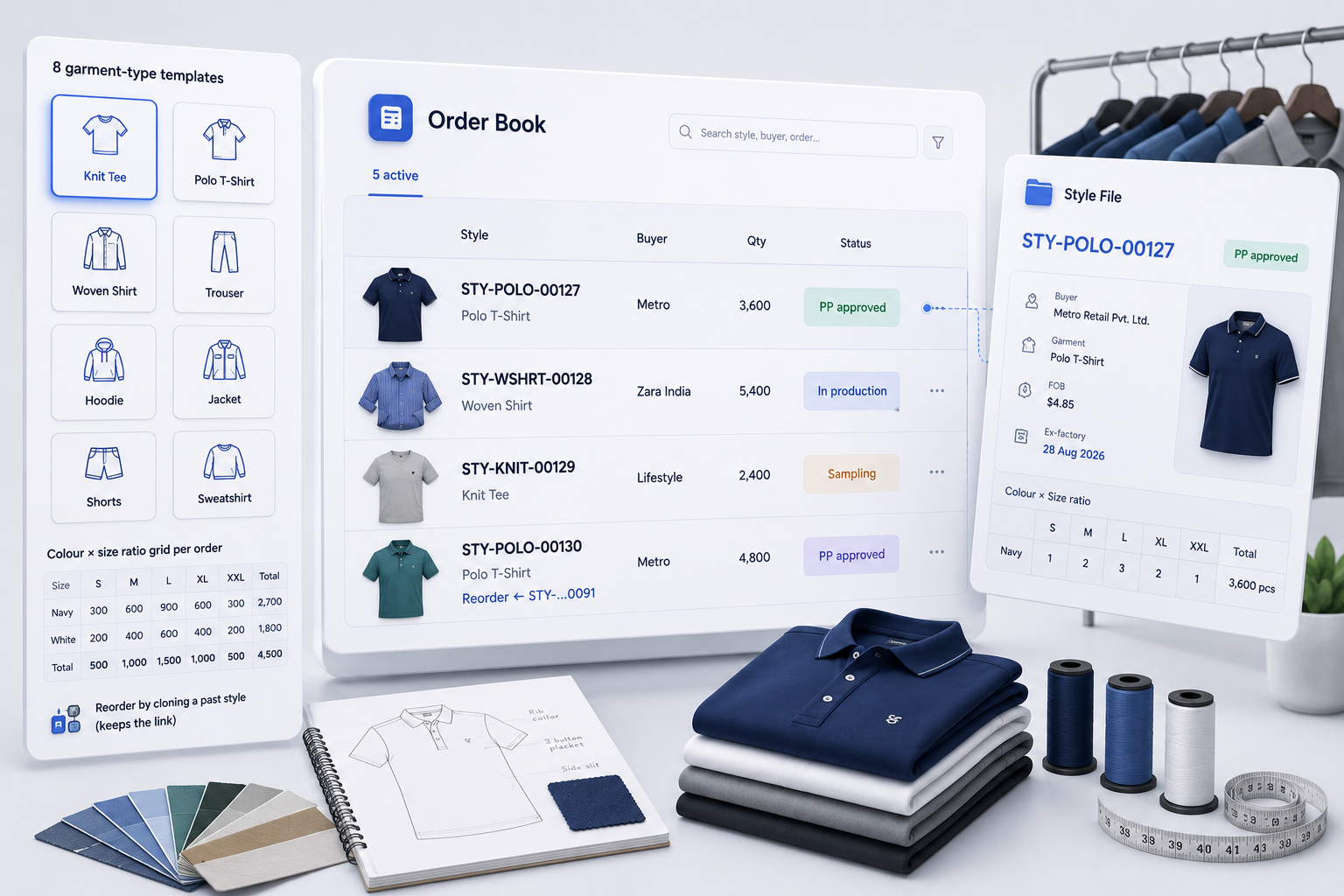 Order Book with 8 garment templates, style rows and reorder cloning