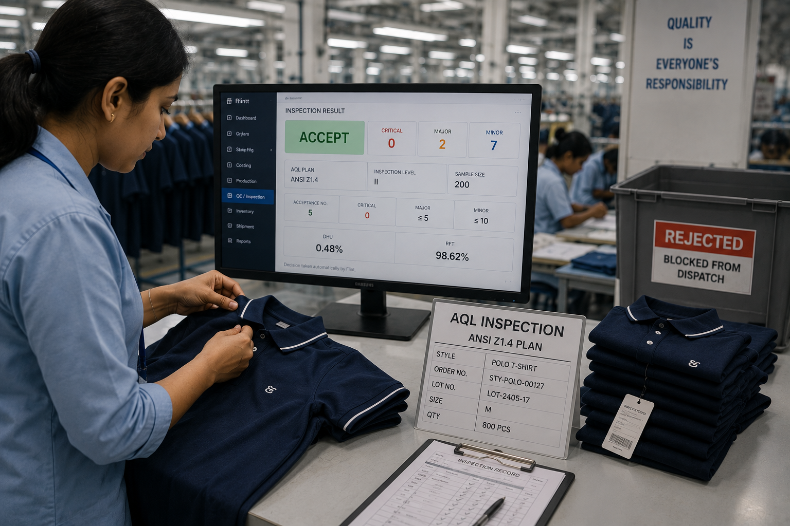 AQL inspection — ANSI Z1.4 plan with accept/reject verdict, DHU and RFT